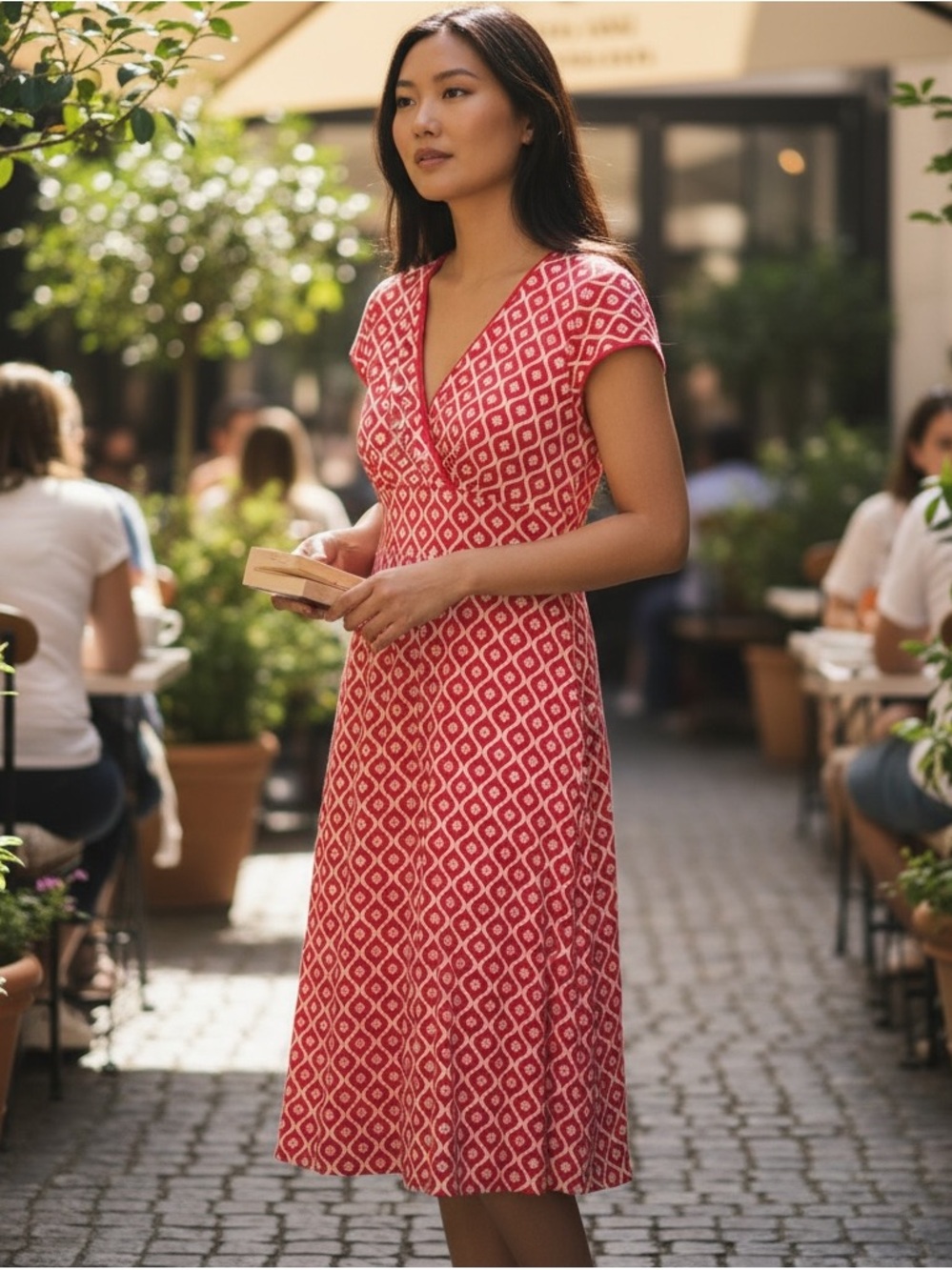 Boden Pink White Geometric Print Faux Wrap Midi Dress UK 14 US 10